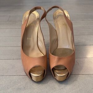 Christian Louboutin Tan and Gold Peep-Toe Heels